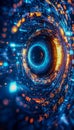 Futuristic digital tunnel with glowing blue and orange light patterns Royalty Free Stock Photo