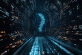 Futuristic digital tunnel with glowing data streams leading to an abstract DNA-like structure, technology. Royalty Free Stock Photo