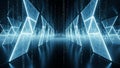 Futuristic digital tunnel with glowing geometric shapes and falling binary code technology Royalty Free Stock Photo