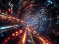 Futuristic digital tunnel with glowing lights and data streams Royalty Free Stock Photo
