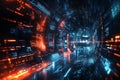 Futuristic digital tunnel with glowing orange and blue code streams, abstract technology background Royalty Free Stock Photo
