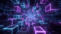 futuristic digital tunnel of glowing purple and blue neon cubes in dark cyberspace, abstract 3d data visualization background for Royalty Free Stock Photo