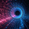 Futuristic digital tunnel with pink and blue light. Abstract mesh grid vortex moving fast into dark void. Tech background for Royalty Free Stock Photo