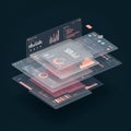 Futuristic digital user interface showcasing transparent layers with graphs, charts, an Royalty Free Stock Photo