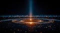 Futuristic digital visualization depicting a glowing central point with expanding concentric circles and luminous particles Royalty Free Stock Photo
