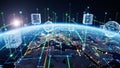 Futuristic digital visualization of global network connections with glowing lines and data cubes over Earth at night Royalty Free Stock Photo
