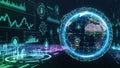 Digital Futuristic Global Network and Financial Data Visualization with Earth in Center and Glowing Connections Royalty Free Stock Photo
