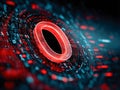 Futuristic digital vortex with glowing red ring surrounded by streaming binary code representing advanced technology and Royalty Free Stock Photo