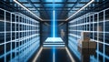 Futuristic Digital Warehouse with Illuminated Grid Technology Royalty Free Stock Photo