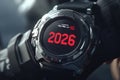 Futuristic Digital Watch Displaying the Year 2026 in Bold Red Numbers. Royalty Free Stock Photo