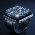 A futuristic digital watch features a holographic display above its rectangular face. The Royalty Free Stock Photo