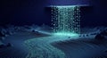 Futuristic digital waterfall of binary code cascading down a mountain with glowing green and white data stream in a tunnel of Royalty Free Stock Photo