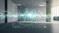 Futuristic digital waveform analysis on transparent screen with glowing data points overlay Royalty Free Stock Photo