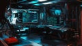 Futuristic digital workspace featuring advanced technology, glowing screens, and holographic displays, creating an immersive Royalty Free Stock Photo