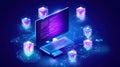Futuristic digital world: computer with code surrounded by glowing blockchain cubes