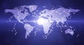 Futuristic digital world map with dotted white lines on dark blue gradient background representing global technology Royalty Free Stock Photo