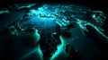 Futuristic digital world map with glowing teal network lights across continents, perfect for global technology reports, data Royalty Free Stock Photo