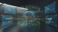 Futuristic Digital World Map with Holographic HUD Interface and Data Analytics Screens Royalty Free Stock Photo