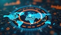 Futuristic digital world map interface displays global data analytics. Bright neon continents on dark tech background with Royalty Free Stock Photo