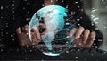 Futuristic Digital World View Overlaid on Hands Typing on Keyboard in a Modern Workspace Scenario with Data Royalty Free Stock Photo