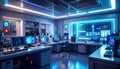Futuristic, dimly lit laboratory with multiple workstations, adv Royalty Free Stock Photo