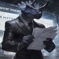 Futuristic Dinosaur Agent in Suit, Reading File.