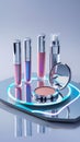 A futuristic display of cosmetics featuring four makeup products against a sleek, reflective surface Royalty Free Stock Photo