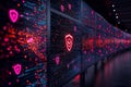 futuristic display of multiple computer screens showcasing vibrant data streams and security icons, creating dynamic and secure Royalty Free Stock Photo