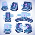 Holographic projections of human figures engaged in various dance and skill Royalty Free Stock Photo