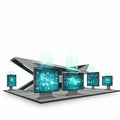 Futuristic display setup featuring multiple large screens arranged on a platform. The Royalty Free Stock Photo