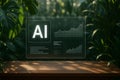 Futuristic display showcasing AI data analytics in lush, green environment, symbolizing integration of technology and nature Royalty Free Stock Photo