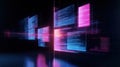 Futuristic display shows web page modules assembling. Code snippets, lines of techy code fly across. Modern, dynamic interface Royalty Free Stock Photo