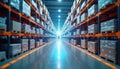 Futuristic distribution center with advanced communication network. Warehouse with logistic, package, center management, Royalty Free Stock Photo