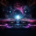 Futuristic DJ booth in cosmic space