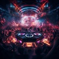 Futuristic DJ booth with electrifying crowd and dynamic lighting