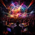 Futuristic DJ booth with electrifying crowd and dynamic lighting