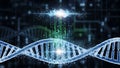 A futuristic DNA double helix with digital code and robotic elements in the background Royalty Free Stock Photo