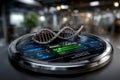 A futuristic DNA double helix model floats above a digital surface with genetic analysis data and luminous sci-fi visual effects Royalty Free Stock Photo