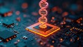 Futuristic dna helix emerging from microchip. Glowing circuits, binary code surround tech. Advanced biotech, genetic engineering