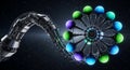 Futuristic dna structure with metallic robotic arm and colorful spheres in deep space Royalty Free Stock Photo