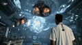 A futuristic doctor observes holographic data in an advanced medical lab, featuring glowing neural patterns and high-tech surgical Royalty Free Stock Photo