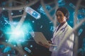 Futuristic doctor or scientist holding laptop computer analysis DNA structure molecule chain,medical,genetics,medicine,and cube,