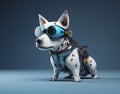 Futuristic dog with bionic body parts on blue. Generative AI