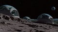 Futuristic domes shelter life on the lunar surface.