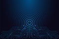 Futuristic dotted digital circle above circuit board, tech target interface vector illustration Royalty Free Stock Photo