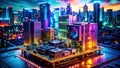 A Futuristic Double Exposure 3DPrinted PC Components Intertwined with a NeonLit Cyberpunk Cityscape A Stunning Visual Royalty Free Stock Photo