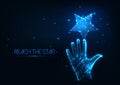 Futuristic dream concept with glowing low polygonal human hand reaching the star Royalty Free Stock Photo