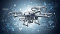 Futuristic Drone with Camera Hovering Over Digital Network Background Royalty Free Stock Photo