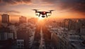 Futuristic drone captures city life at dusk generated by AI