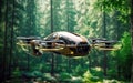 A futuristic drone car flies into the forest among the trees.